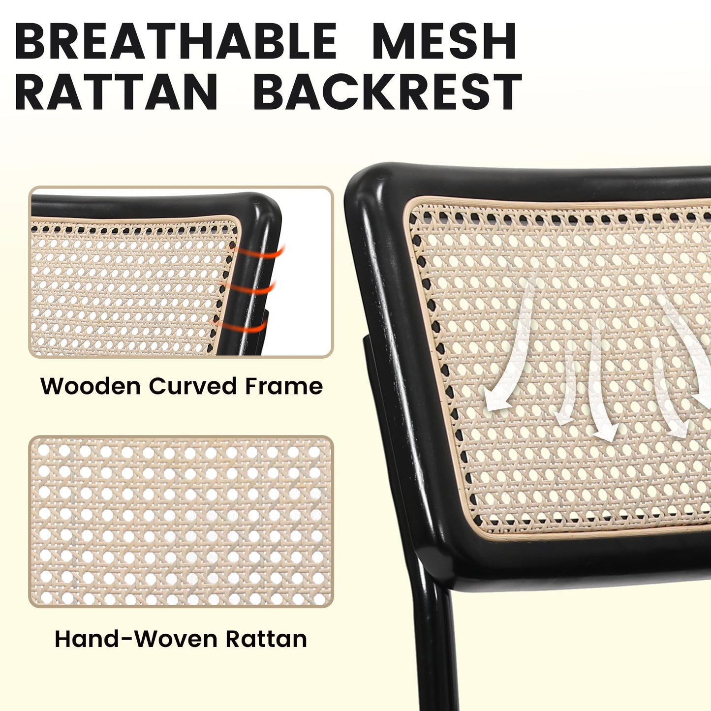 KROFEM Modern Cesca Cane Dining Chairs, Set of 4, Handwoven Rattan Cane Back, Chrome Base, Upholstered Boucle Seat, Ideal for Kitchen or Dining Room, Black