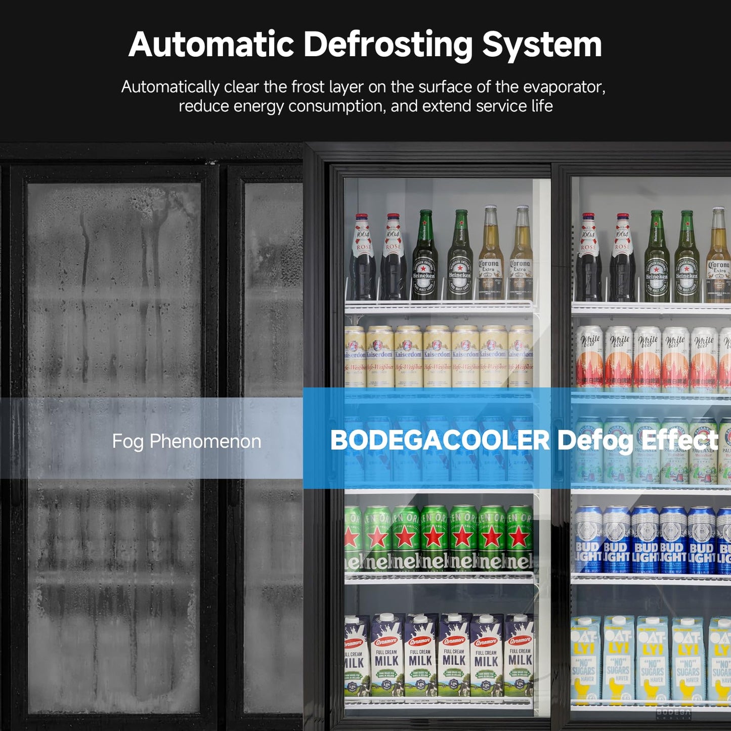 BODEGACOOLER Commercial Merchandiser Refrigerator, Upgrade Automatic Rebound Sliding Door Display Cooler, 2 Glass Door Display Drink Cooler with LED Light, Adjustable Shelves,Castors for Store,Office