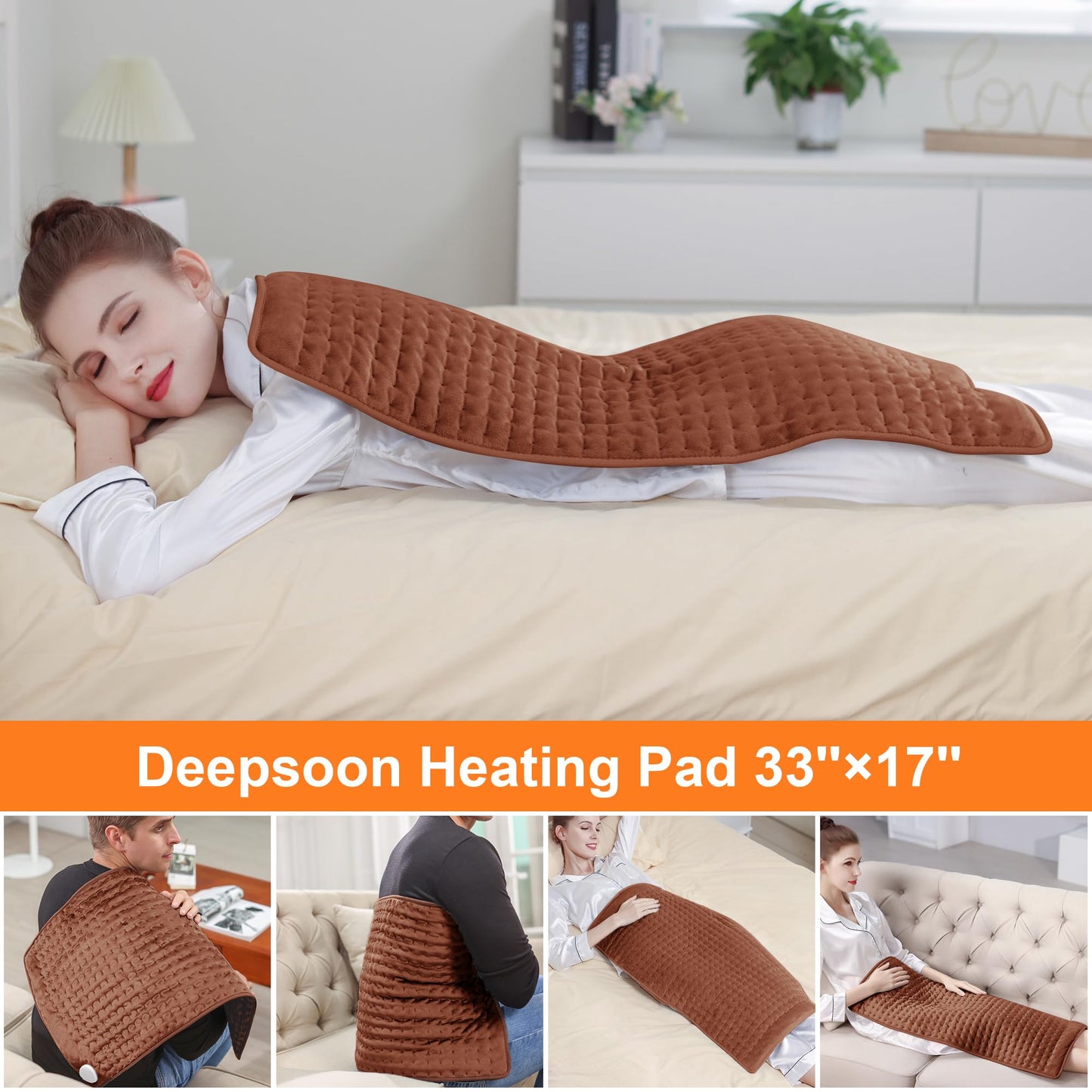 Deepsoon Heating Pad,Electric Heating Pads for Back,Neck,Abdomen,Moist Heating Pad for Shoulder,Knee,Arms,Legs,Dry/Moist Heat & Auto Shut Off,Christmas Gifts for Men and Women,Brown,33x17 Inch