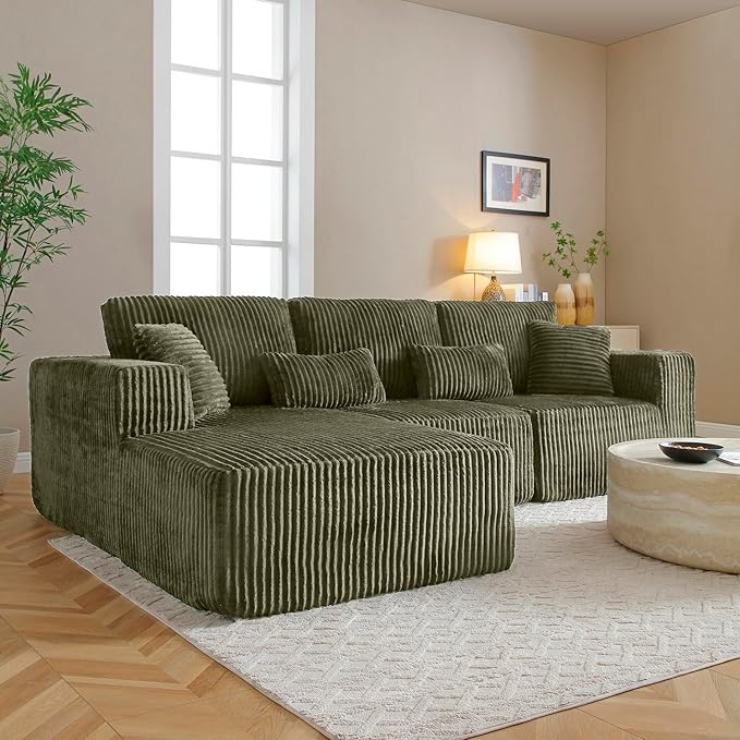 110” Modular Sectional Sofa, Cloud Sectional Couch with Deep Seat, Upholstered Boneless Couches for Living Room, Modern Modular L-Shape Sofa Couch with Chaise (Green, 110" Left Facing Chaise)