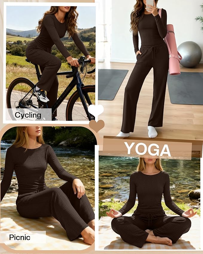Evervibe Women's 2 Piece Lounge Set Long Sleeve Crew Neck Top Drawstring Wide Leg Pants Casual Tracksuit Matching Set