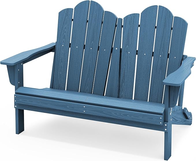 SERWALL Outdoor Folding Adirondack Bench, HDPE All-Weather Adirondack Loveseat, 660 lbs Capacity, Foldable Outdoor Patio Bench for Deck, Lawn, Garden, Navy