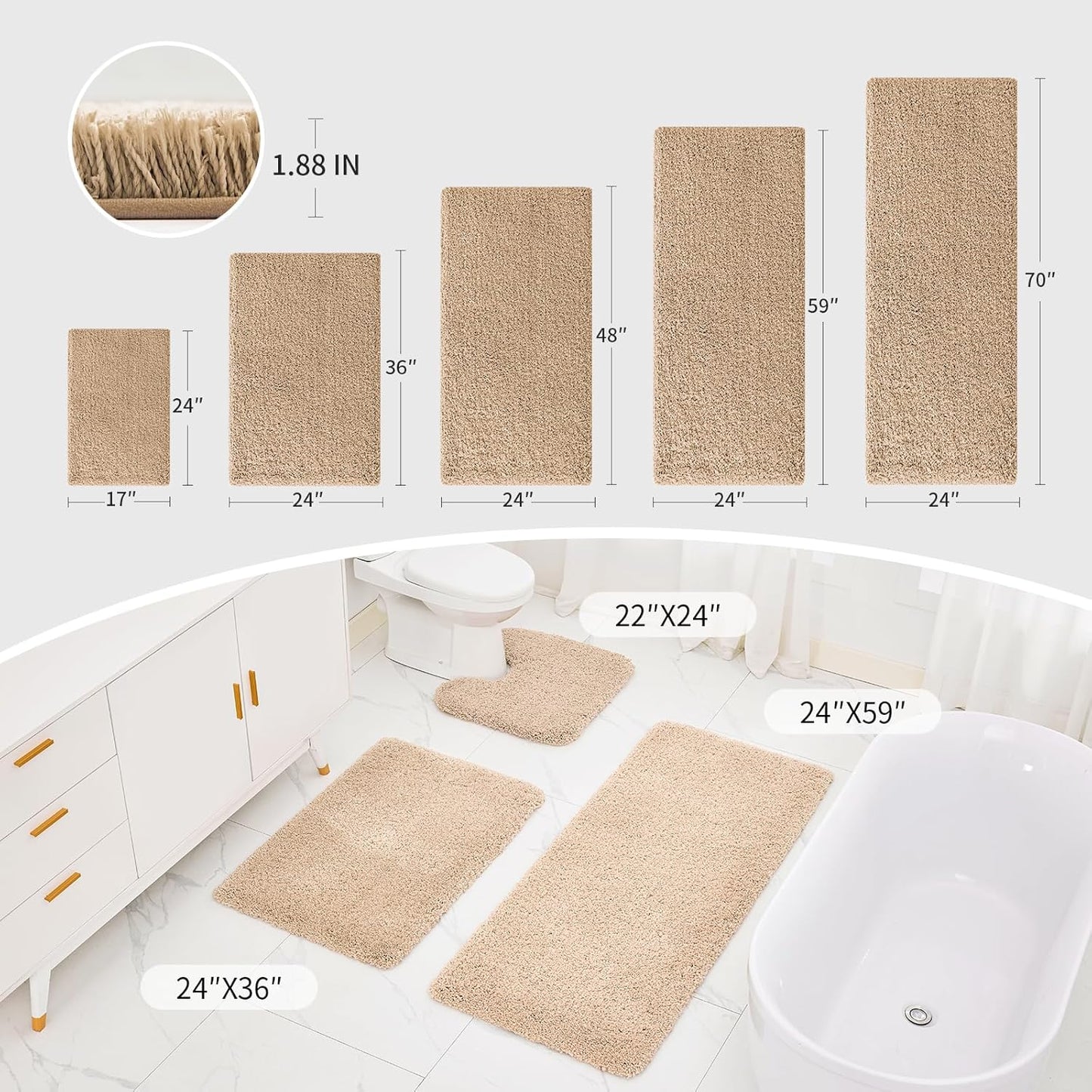 Beige Bathroom Runner Rug 24x70 Non Slip Fluffy Long Bath Mat for Bathroom Floor Washable Plush Luxury Large Bath Rug for Tub Absorbent Runner Rug for Bedside