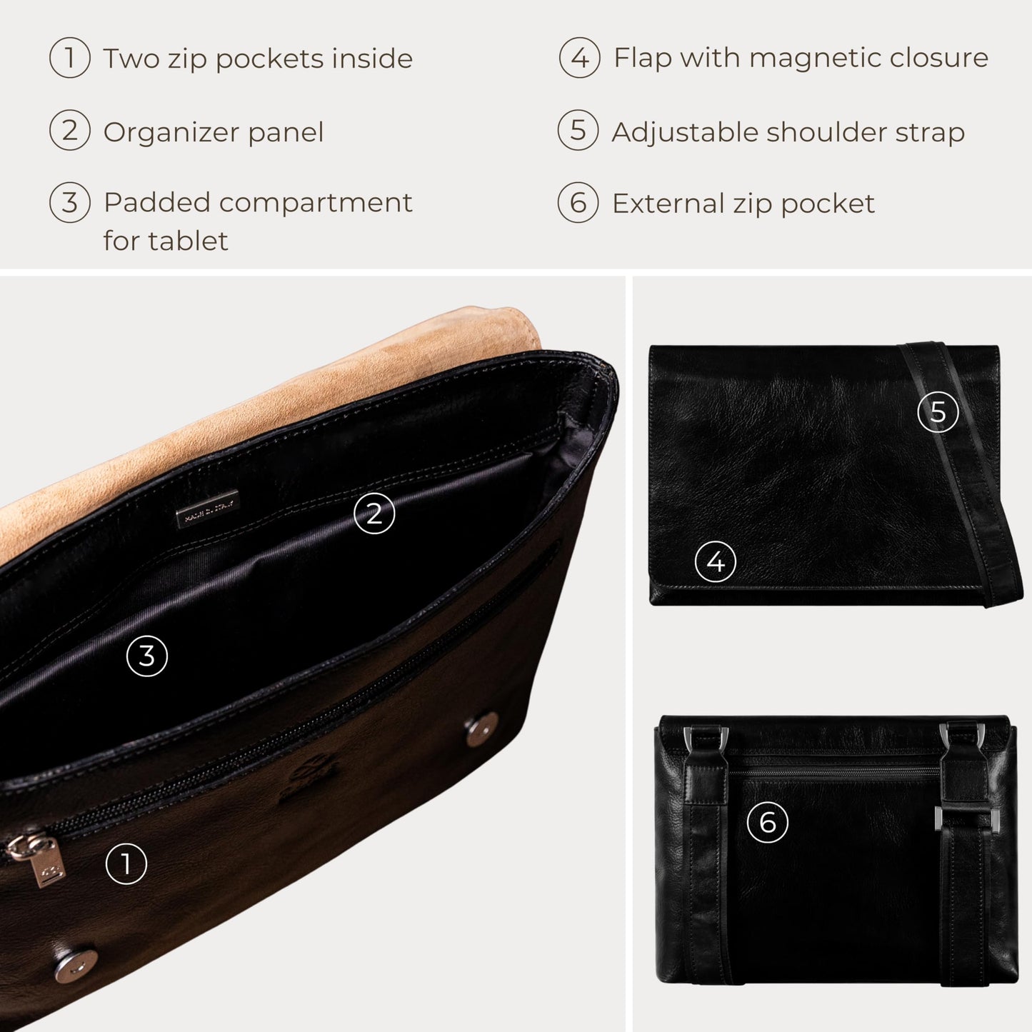 Time Resistance Leather Messenger Bag for Men - Crossbody Bag - Full Grain Leather - Tablet Sized Shoulder Bag (Black)