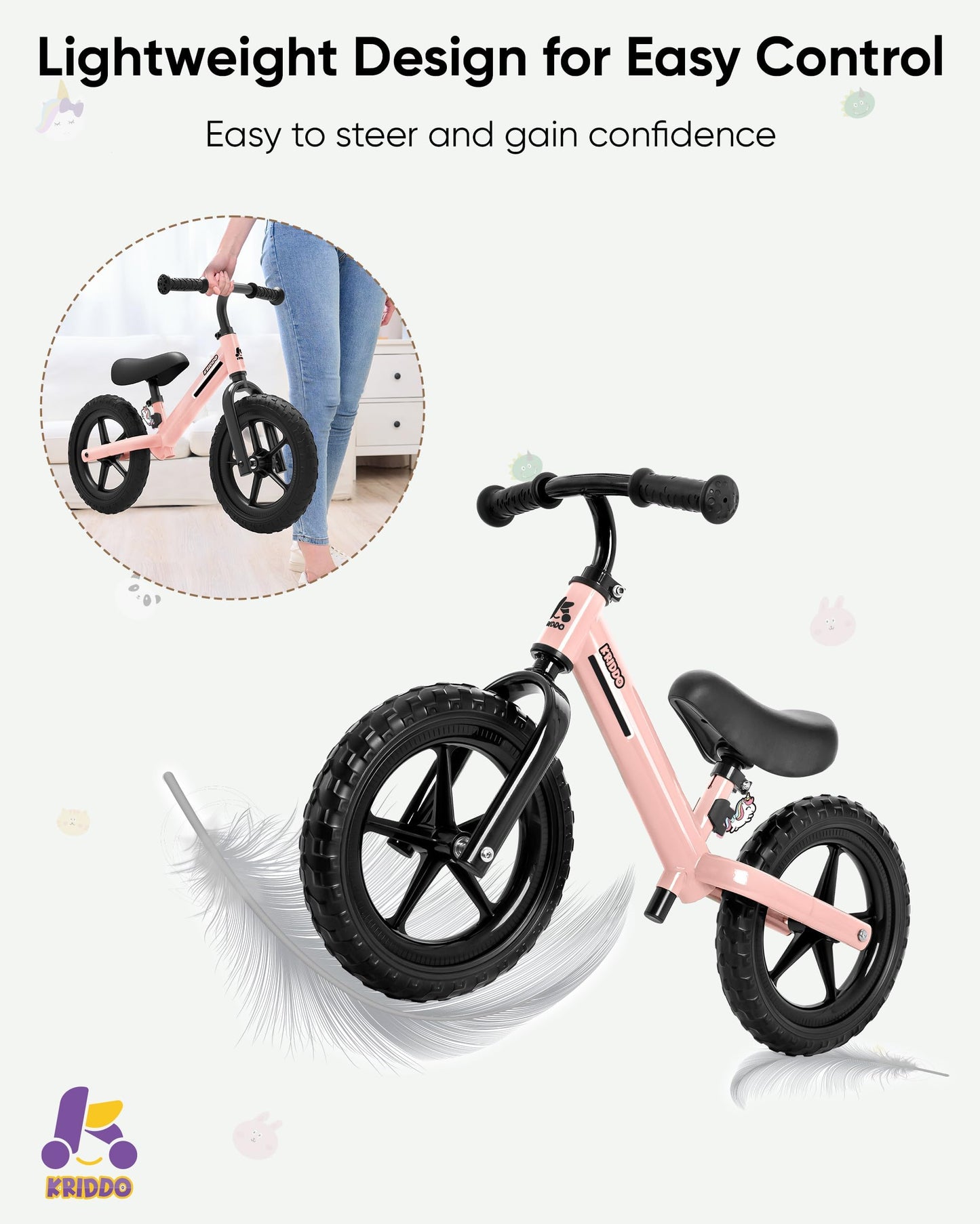 KRIDDO Toddler Balance Bike 2 Year Old, Kids Balance Bike for 2-5 Years Old, Dual Bearing for Smoother Riding, Adorable Plate, Adjustable Seat and Handlebar, Toddler Bike Gifts Age 2-3