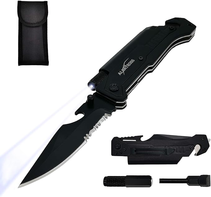 ALBATROSS 6-in-1 Survival Tactical Military Folding Pocket Knives with LED Light,Seatbelt Cutter,Glass Breaker,Magnesium F...