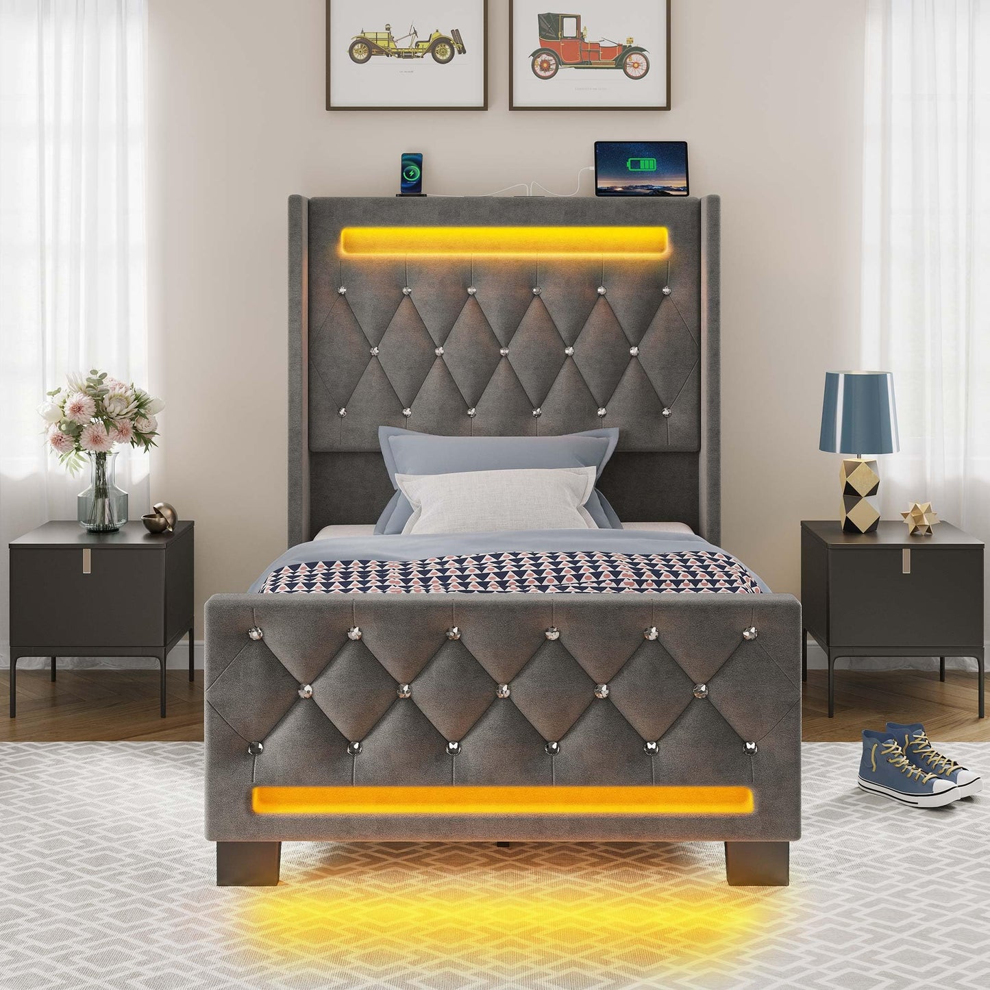 Rolanstar Twin Bed Frame with LED Light and Charging Station, Upholstered High Headboard and Footboard, Wood Slats, Noise Free, Easy Assembly, Grey