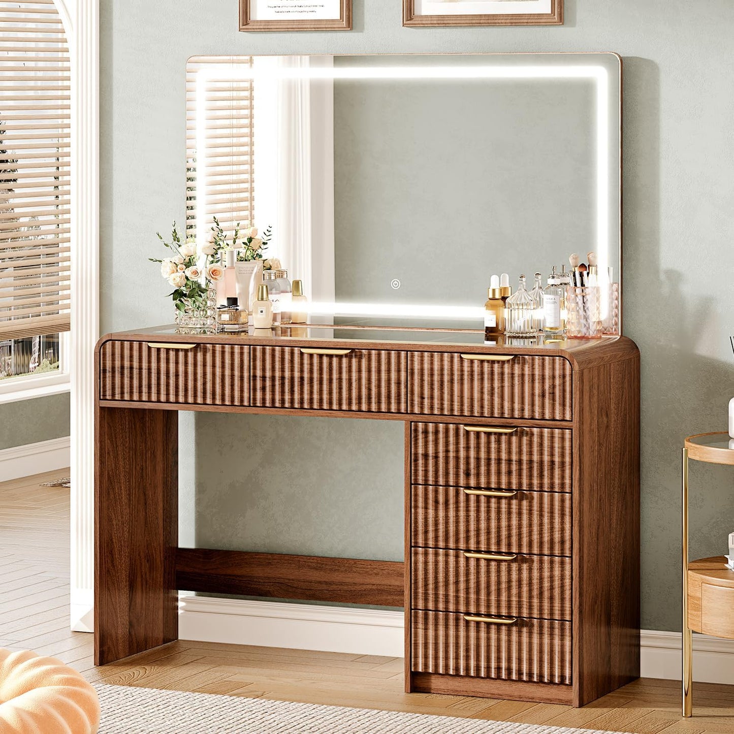 47“Makeup Vanity Desk with 44.8" Mirror and Lights, Vanity Desk with 7 Drawers, Makeup vanity table with a glass tabletop, 3 Color Modes & Adjustable Brightness Dressing Table, Bedroom,Walnut
