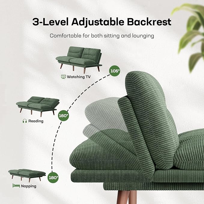 Marsail Futon Sofa Bed, 66” Futon Couch with Adjustable Backrest & Armrests, Convertible Small Sleeper Sofa Bed for Small Apartments, Study Room, Office, Corduroy Loveseat, Dark Green