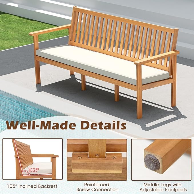Tangkula Outdoor 3-Seat Acacia Wood Bench, 64 Inches Extra Long Chair with Cushion, Slatted Seat & Backrest, 3-Person Patio Wood Bench for Backyard, Porch, Balcony & Garden