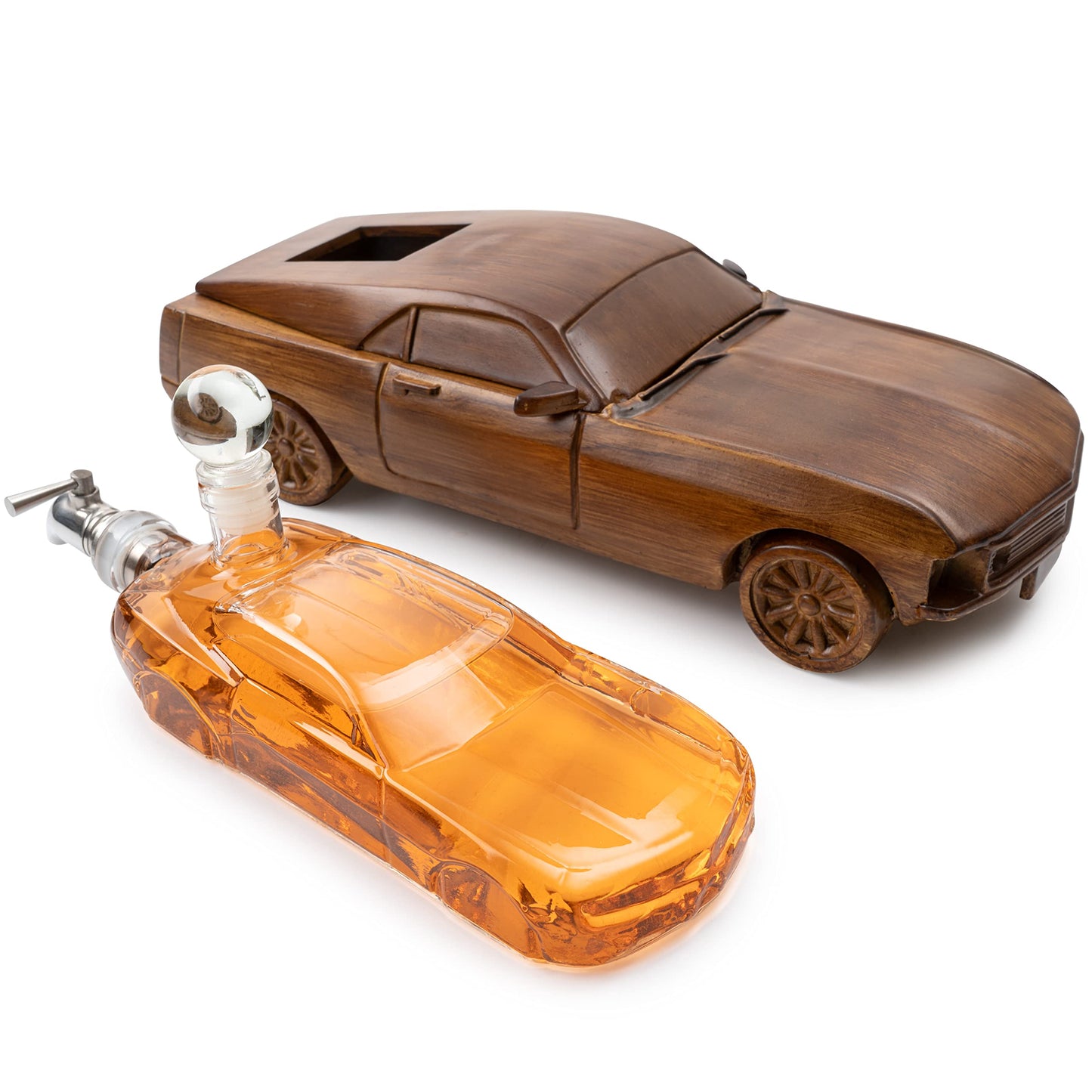 Car Whiskey & Wine Decanter Set 500ml - Very Large 13" L - Gifts, Wooden Car Mustang, Fastback Maisto Car Limited Edition, Great Bar Gift!
