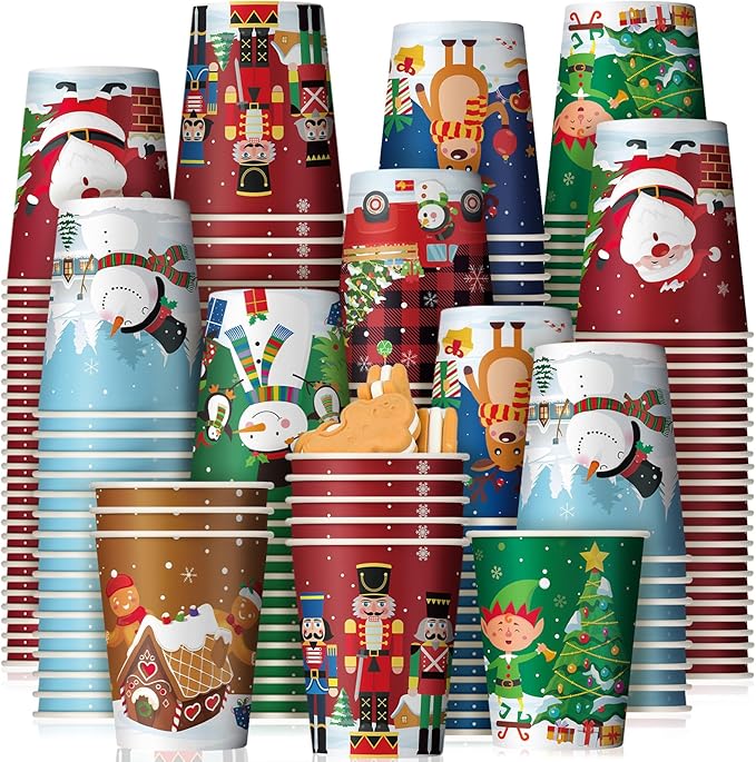 Zhehao 200 Pcs Christmas 9 oz Paper Cups Disposable Coffee Cups Santa Snowman Elk Disposable Hot Cups Xmas Party Drinkware...