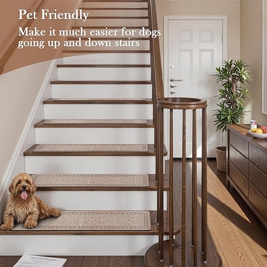 OJIA Vintage Stair Treads for Wooden Steps Indoor 15PCS 30"x8" Non-Slip Stair Runner Carpet Stair Treads Mats Staircase Step Treads for Kids, Elders and Dogs, Rubber Step Covers