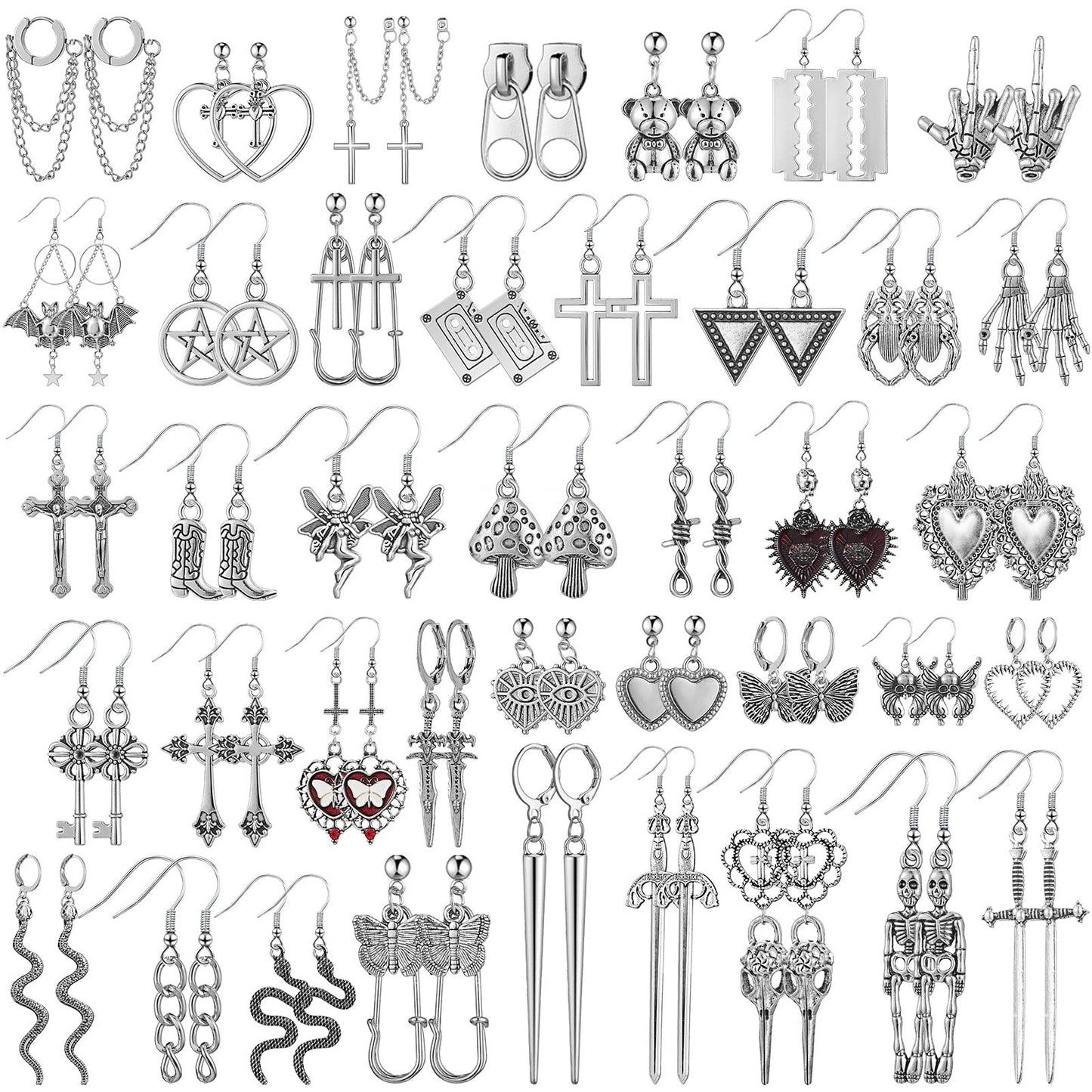 Yinkin 40 Pairs Goth Earrings Set Grunge Punk Rock Dangle Earring Gothic Y2k Jewelry Bat Cross Snake Skull Earrings for Women(Stylish)