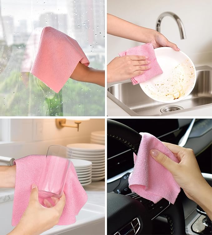 Microfiber Cleaning Cloth Roll–100 Pack, Tear Away Microfiber Towels, Reusable, Washable, Scratch-Free, Kitchen Towels for Car, Home, Kitchen, Glass, Dishes(Pink)
