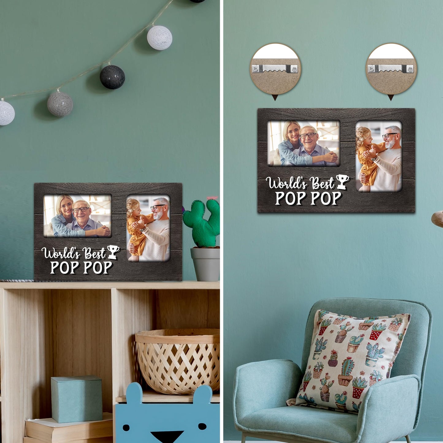 Fahters Day Pop Pop Gifts, Poppop Gifts from Grandson 3D Photo Frame Hold 4x6 Inches Two Photos, World's Best Pop Gift Gag Birthday Gift for Him from Granddaughter on Father's Day Grandparents Day