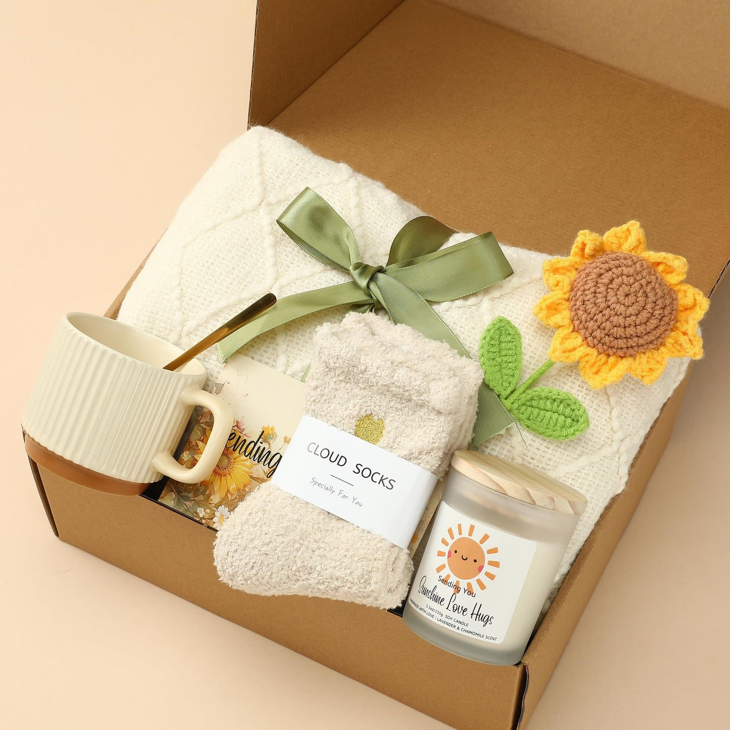 Self Care Gifts for Women - Luxury Package with 50"x70" Cozy Knitted Blanket, Fuzzy Socks, Soy Candle, Sunflower Decor | Birthday, Thinking of You, Get Well Gifts | Mom, Girlfriend, Best Friend