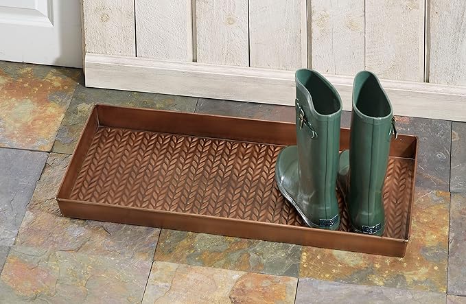 HF by LT Cable Knit Pattern Metal Boot-Tray, 30 x 13 inches, Antique Copper