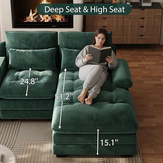 BEQAI 134"U Shaped Sectional Couches for Living Room,Oversized Modular Sectional Fluffy Couch with Chaise Lounge & Tufted Buttons,Modern Chenille 6 Seat Living Room Sofa Set with Storage Console,Green