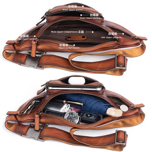 Myunxui Genuine Leather Fanny Pack Waist Bag for Men Women Hip Bum Bag Travel Pouch Sling Bag Crossbody Chest Bags Shoulder Daypack Multiple Pockets Waist Pack Brown