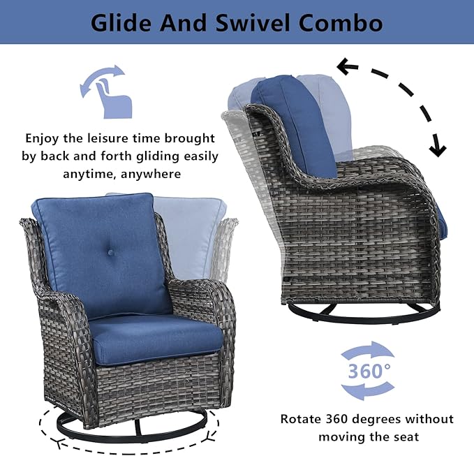 Belord Wicker Outdoor Furniture Patio Furniture Set - 6 Piece Patio Conversation Set with Swivel Rocker Chairs, Loveseat Sofa, Ottomans and Coffee Table, Blue Cushion