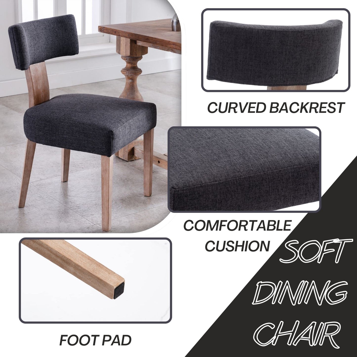 BESTANO Modern Dining Chairs Set of 4, Comfy Upholstered Side Chairs with Wood Legs, Linen Fabric Dining Chairs with Curved Wingback for Living Room Bedroom, Charcoal