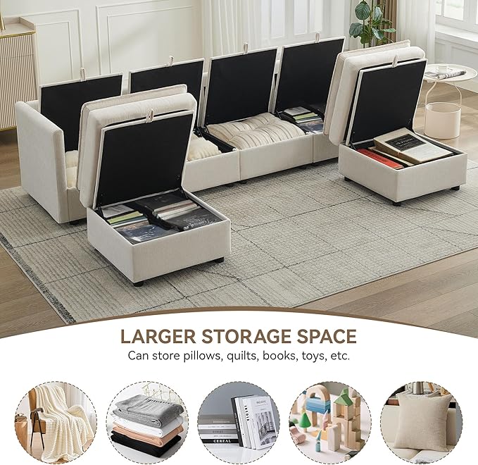 105" Cloud 4 Seater Sectional Modular Couch with 2 Storage Ottoman, Upholstered Storage Sofa Modern Couch Deep Seat, Chenille U Shape Sofa Comfy Couches with Armrests for Living Room, Beige