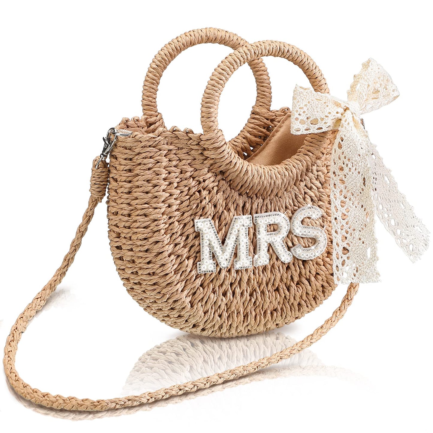 Pinkunn Bride Gift Bride Straw Purse Mrs Handwoven Bag Rhinestone Letter Bag Bachelorette Honeymoon Wedding Bridal Shower(MRS)