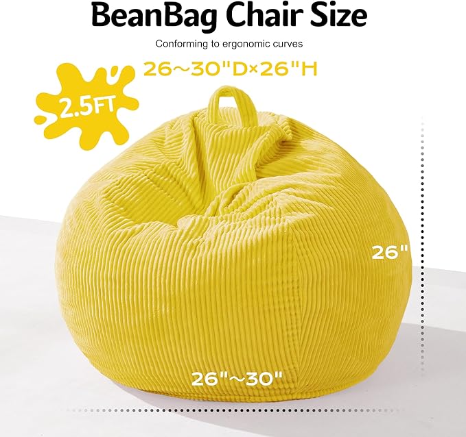 Homguava 2FT Bean Bag Chair,Teardrop Bean Bags Small Beanbag Chair with Memory Foam Filled and Ultra Soft Corduroy Cover for Living Room, Bedroom (Yellow)