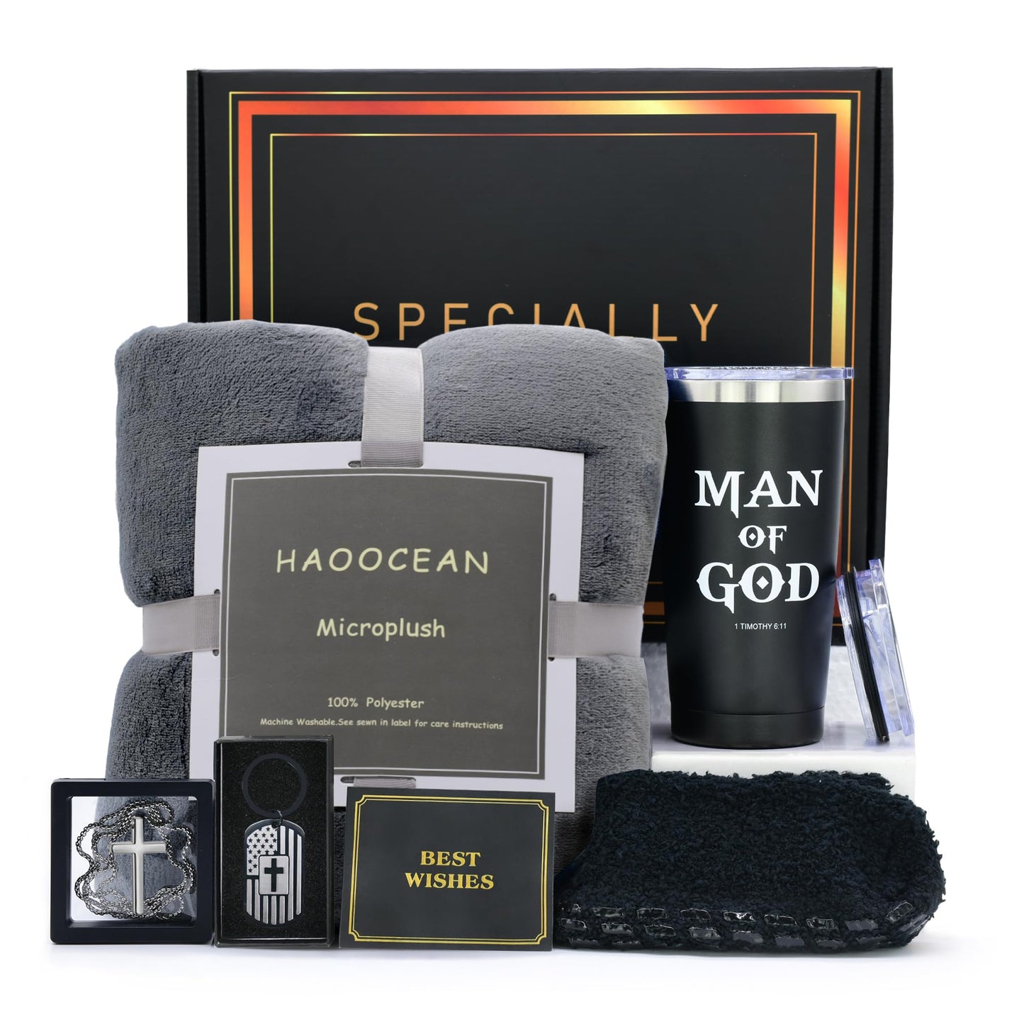 LUDUEIKSW Christian Gifts for Men, Pastor Appreciation Gifts Set, Religious Box for Dad Grandpa Husband Brother Friends, Catholic Basket with Throw Blanket Tumbler