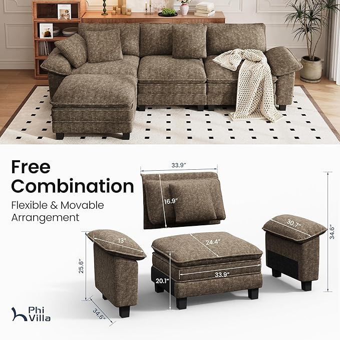 PHI VILLA Cloud Modular Couch Sets, 123.6" Sectional Sofa with L-Shaped Chaise, 4-Seater Upholstered Couches with Movable Ottoman for Living Room, Chenille Fabric, Taupe