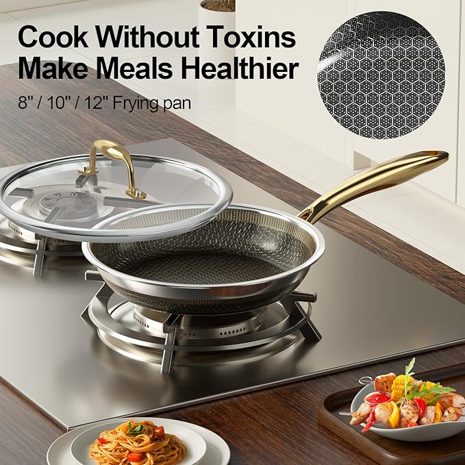 FogDream 2 Pcs Non Stick Frying Pans with 2 Lids, 10 & 11 Inch Stainless Steel Skillets, Tri-Ply Stainless Steel for All Cooktops, Dishwasher & Oven-Safe Cooking Pan, Stay-Cool Handle, Gold
