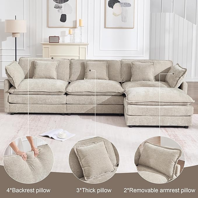 KIVENJAJA 111.5”W Chenille L-Shaped Modular Sectional Sofa, Modern 3-Seater Comfy Deep Seat Cloud Couch with Ottoman/Chaise & 5 Pillows for Living Room Office Apartment, Light Camel