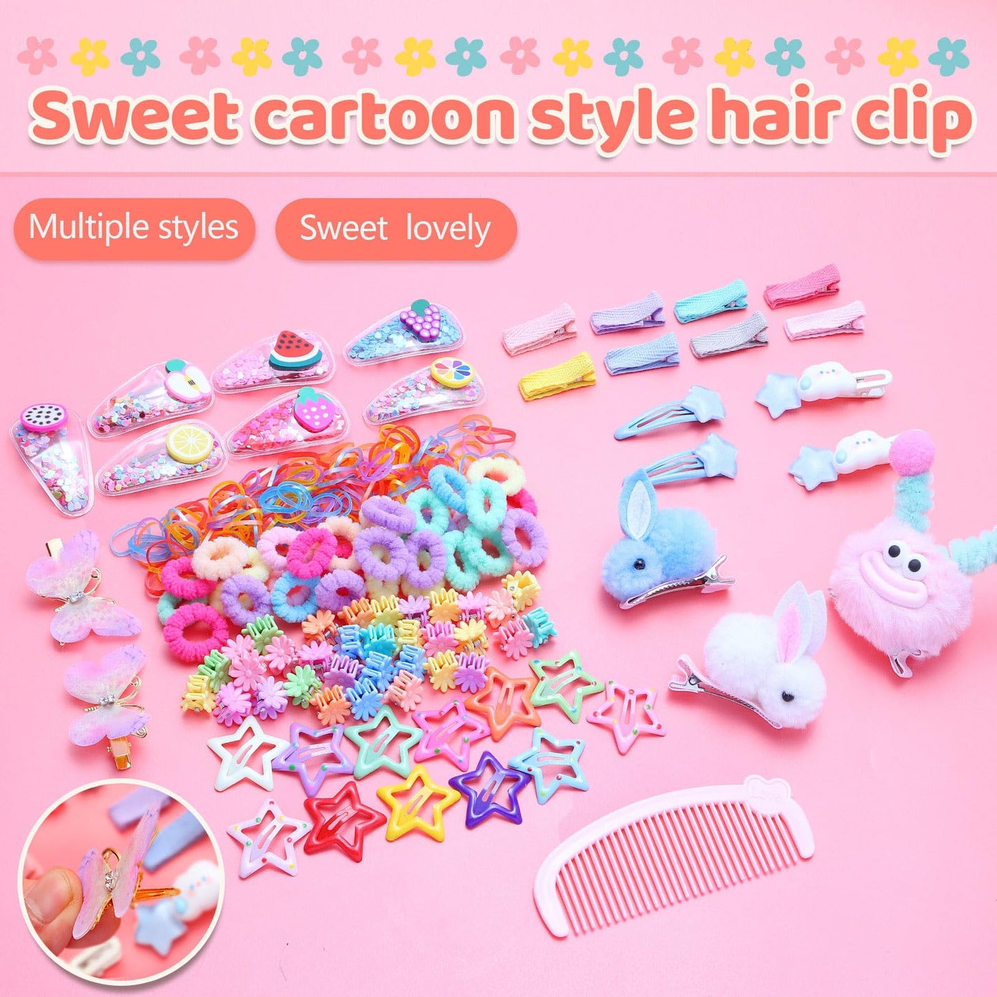 Cute Girl Hair Accessories Set，Toddlers Butterfly Rabbit Sparkle Fruit Star Hair Clip, Flower Small Grab Clip Colorful Rubber Bands and Cotton Baby Elastic Hair Ties
