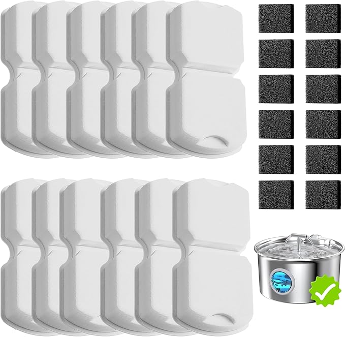 UMOCUOY Cat Water Fountain Filter: 24 Pet Fountain Replacement Screen for Stainless Steel - 12 Carbon Filters & 12 Foam Fi...