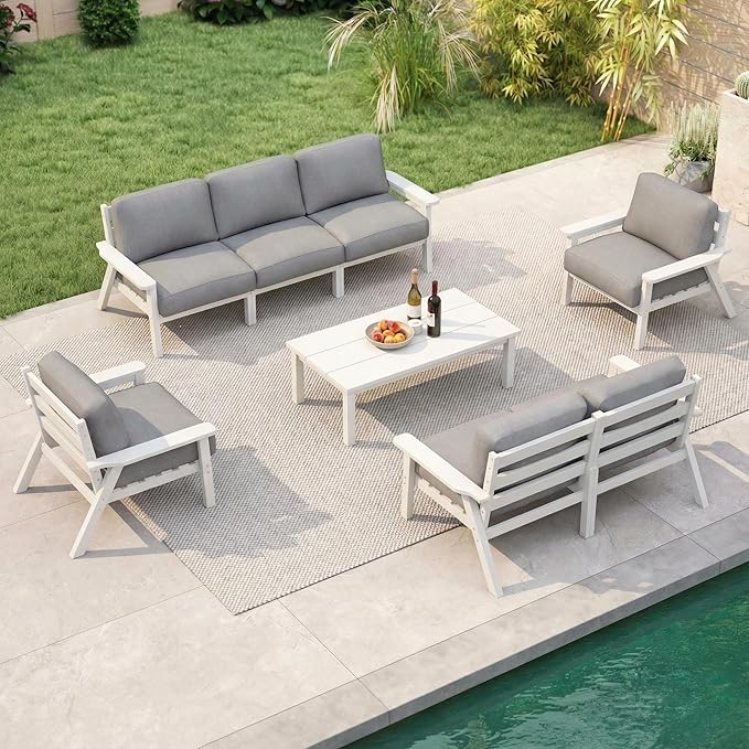 Patio Kingdom 7 Piece Patio Furniture Set, HDPE Outdoor Sectional with Gray Washable Thick Cushions, Coffee Table & Side Table, Patio Conversation Sets for Lawn, Garden, Porch, Balcony (White Frame)