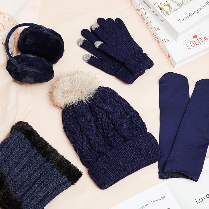 SATINIOR 5 Pcs Winter Hat Scarf Gloves Set Fleece Warm Lined Knit Beanie Hat Touch Screen Earmuff Gloves Warmer for Women(Navy Blue,Cool Style)