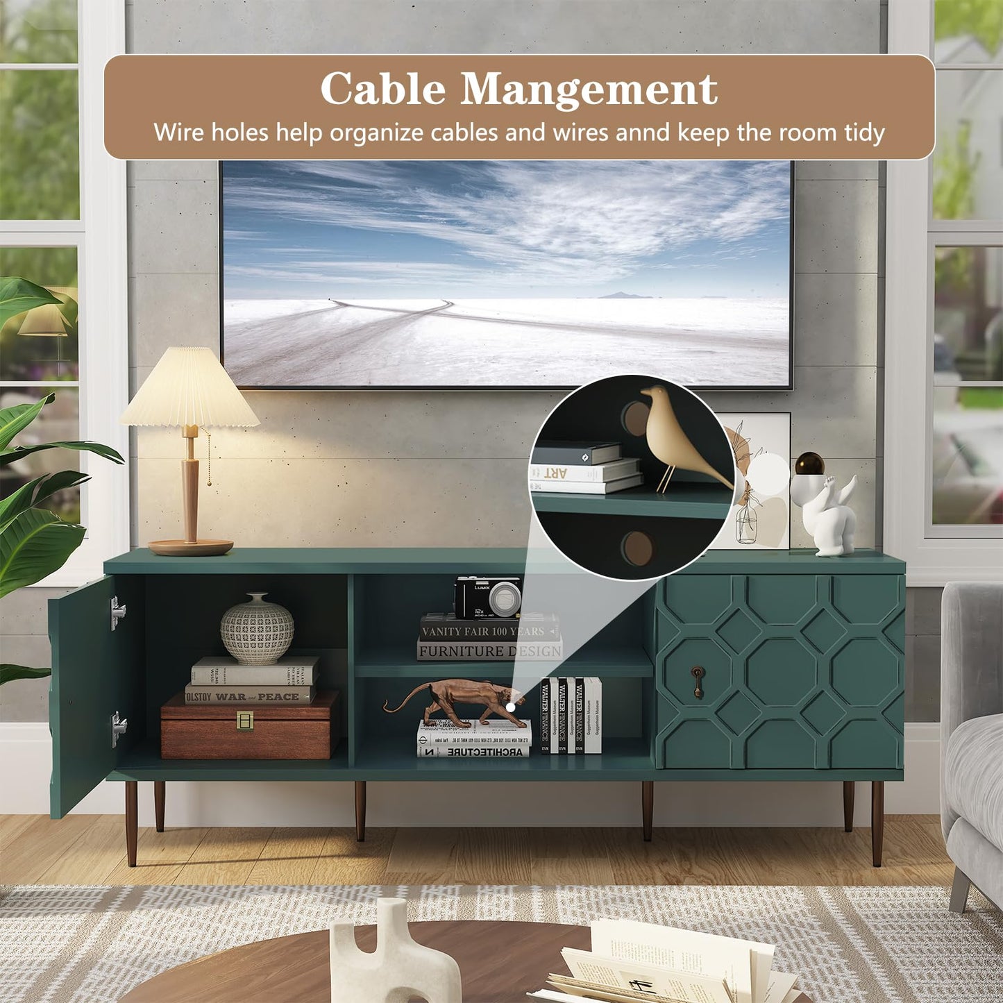MROJISC Modern TV Stand for 65/70inch TV, Entertainment Center with Storage Cabinet and Open Shelves, Embossed Pattern TV Stand, TV and Media Console for Living Room, Bedroom, Green