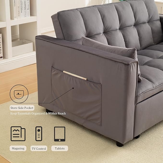 OjvZxqtbrnl Convertible Sofa Bed,3 in 1 Pull Out Couch Adjustable Backrest, Modern Velvet Upholstery Sleeper Sofa Bed, Loveseat Couch for Living Room, Bedroom & Apartments (Grey)
