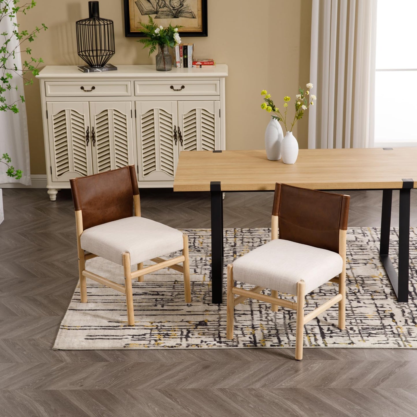 RIVOVA Modern Dining Room Chairs Set of 2, Farmhouse Upholstered Fabric Kitchen Chairs with Leather Back, Wooden Side Armless Chair for Kitchen and Dining, Beige Linen