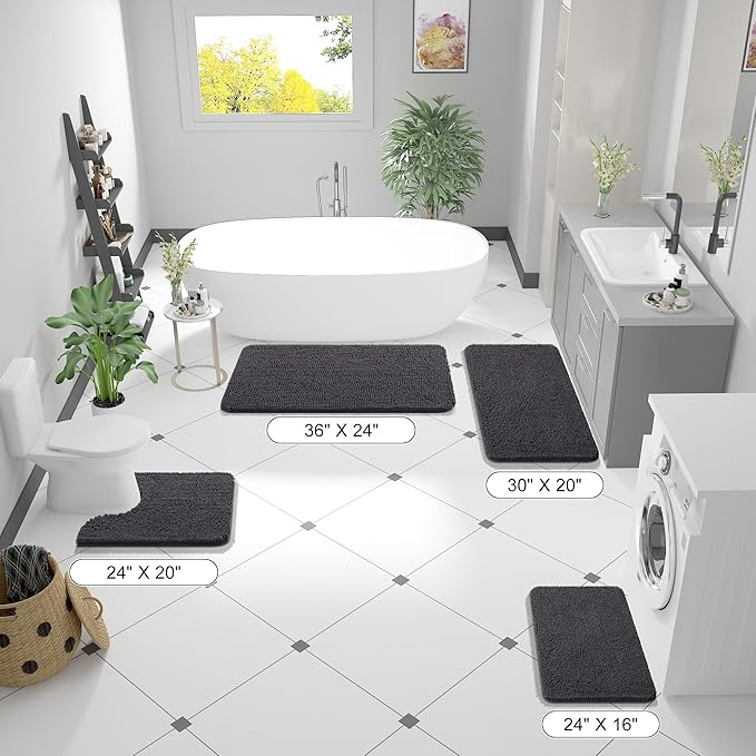 OLANLY Bathroom Rugs 59x35, Extra Soft Absorbent Chenille Bath Rugs, Rubber Backing Quick Dry, Machine Washable Bath Mats for Bathroom Floor, Tub and Shower, Home Decor Accessories, Dark Grey