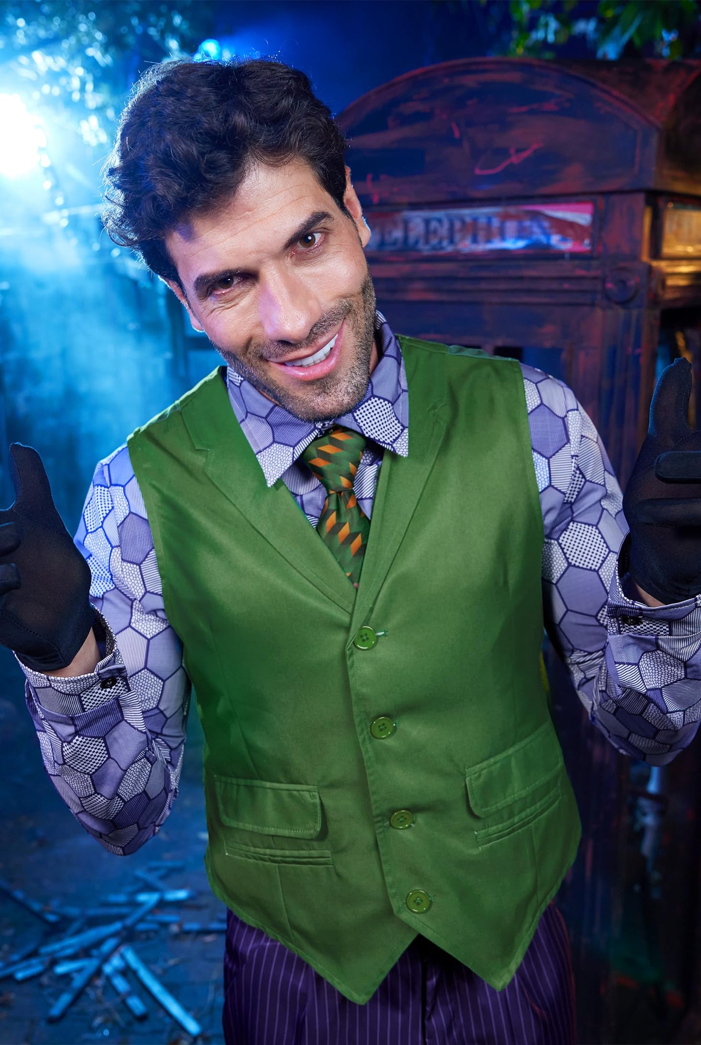 Mainfini Man Joker Costumes Halloween Theme Party Funny Classic Dark Horror Knight Movie Cosplay Regular Fit Novelty Purper Graphic Shirt Green Vest Tie Suit Outfit Adult 3 Piece Set XL