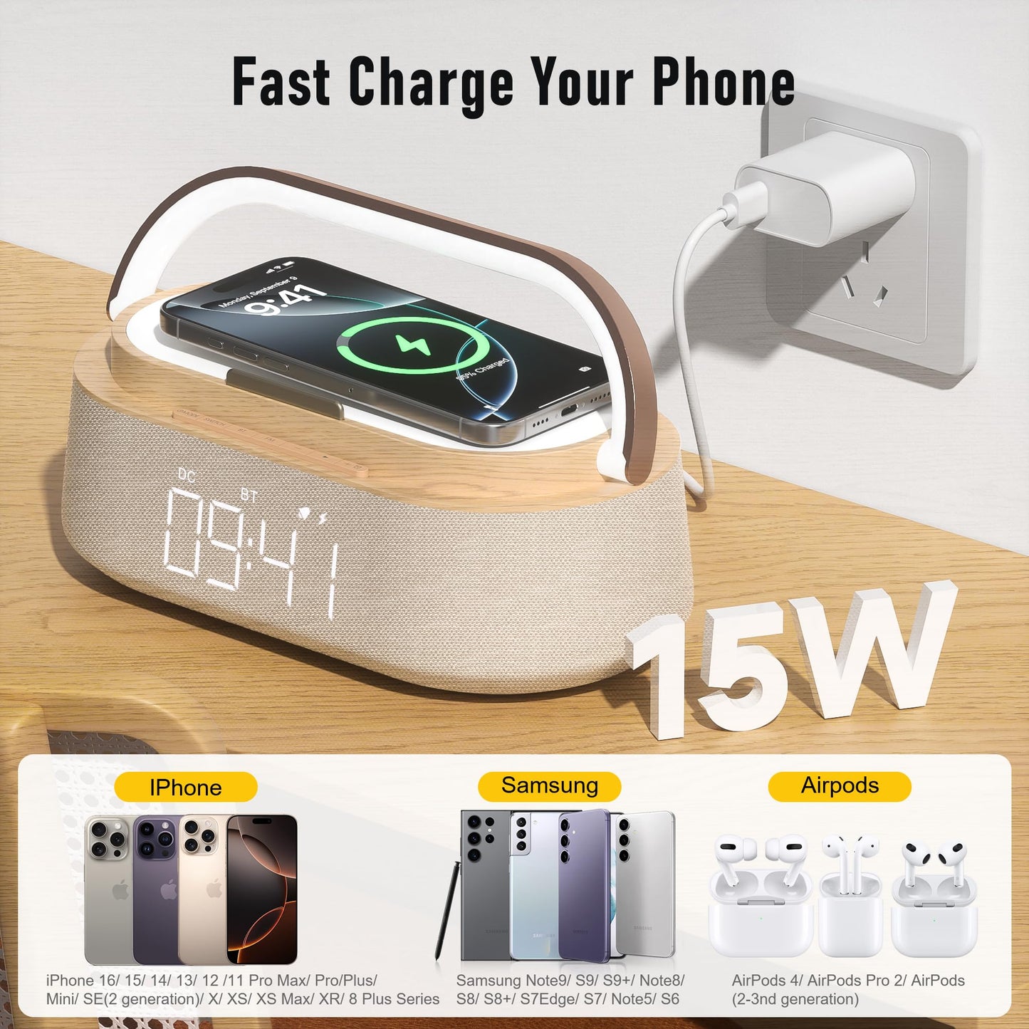 Freefish Bluetooth Speaker With Wireless Charge Fm Radio 2500Mah Battery, Led Night Light Suitable For Home,Bedroom,Office