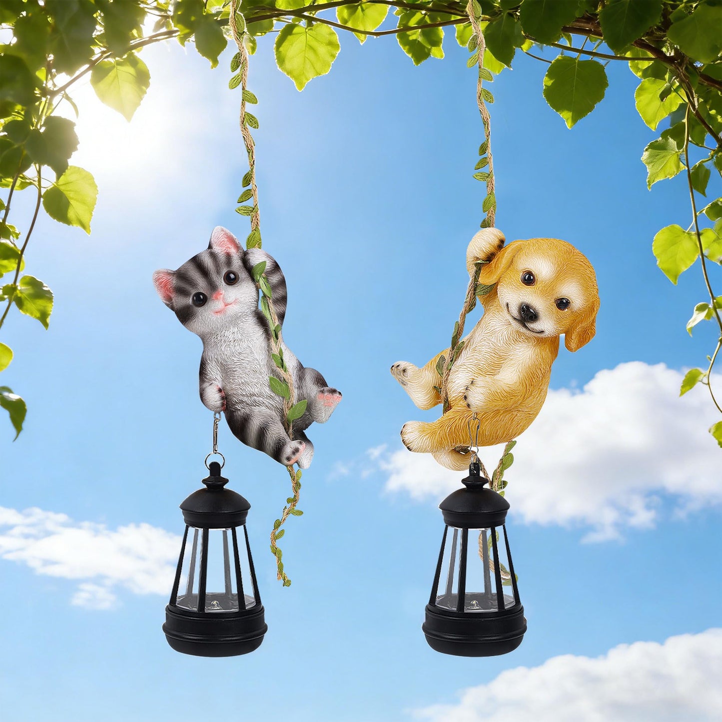 ZaaYee Set of 2 Solar Hanging Statue, Outdoor Resin Black White Cat & Golden Retriever Dog Figurine with LED Lights, Animal Ornament for Garden, Fence, Porch, Patio, Yard Decor