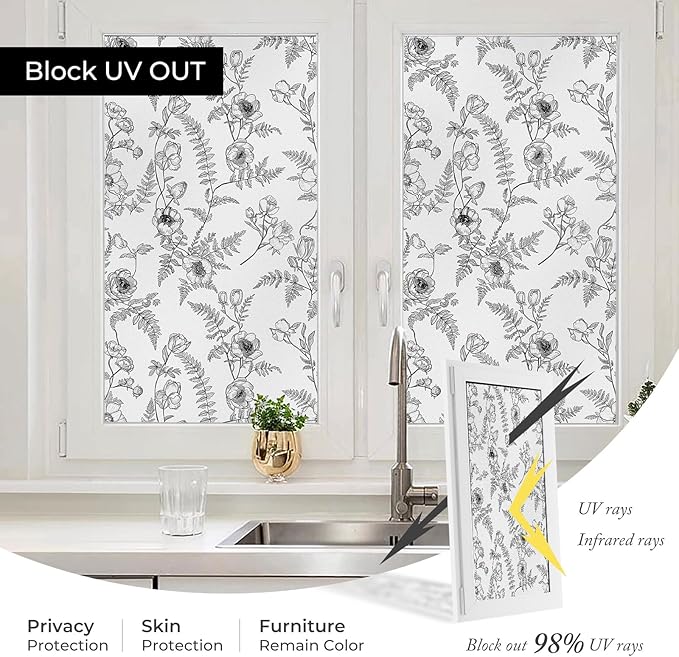 Window Privacy Film,Colorful Floral Window Stickers,Removable DIY Bouquet Static Clings, Decals for Home School Office Party Supplies,White Night Creeping, 17.3 x 78.7 in