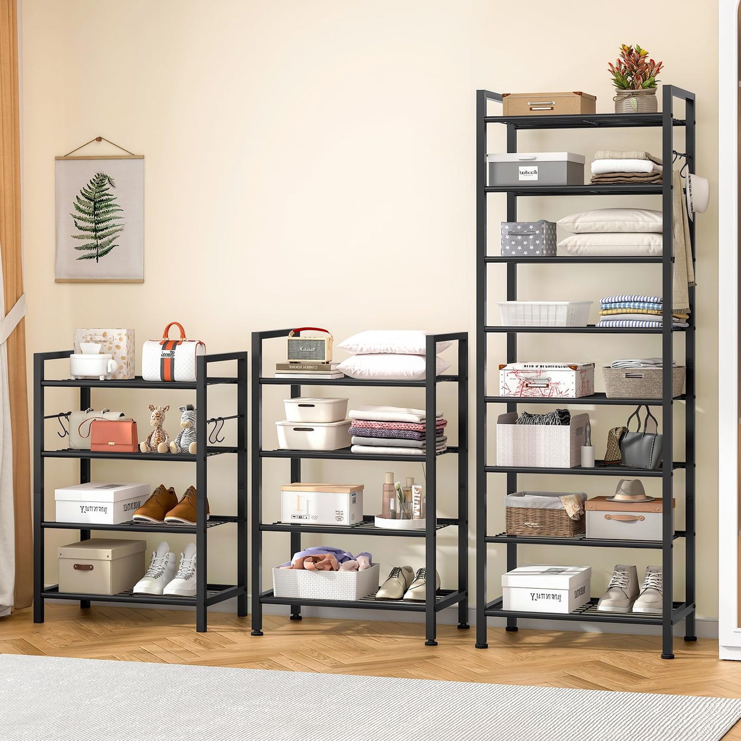 usikey 8 Tiers Narrow Shoe Rack 16-24 Pairs, Sturdy Metal Tall Shoe Rack with 4 Hooks, Slim Shoe Storage Organizer with Metal Shelf, Space Saving Vertical Shoe Shelf for Entryway, Closets, Black