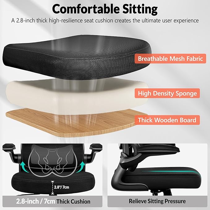 BESTFAIR Office Chair Ergonomic Desk Chair, Breathable Mesh Comfy Chair with Lumbar Support, Computer Chair, Home Desk Chair with Flip-up Armrests, Gaming Chair for Adults Home Office (Black)