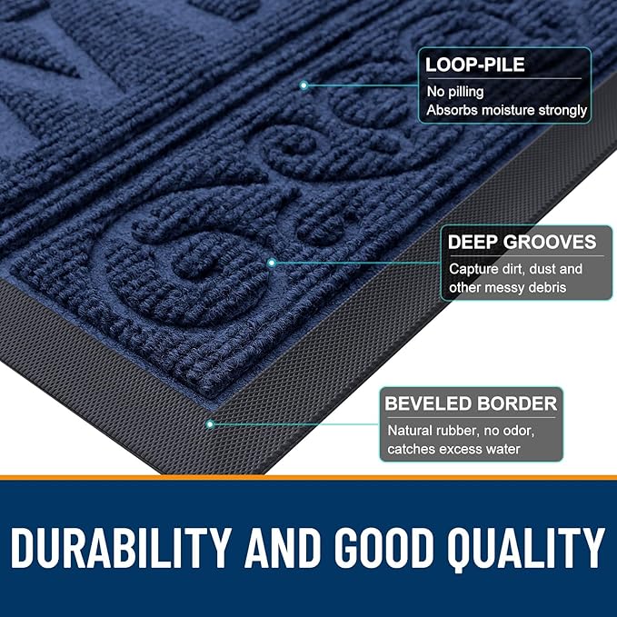 OLANLY Welcome Door Mat Indoor Outdoor Entrance, Heavy Duty Sturdy Front Door Mat, Waterproof All-Weather Doormat, Stain Resistant, Low Profile, Easy Clean Patio Entryway Mat, 47 x 24, Navy Blue