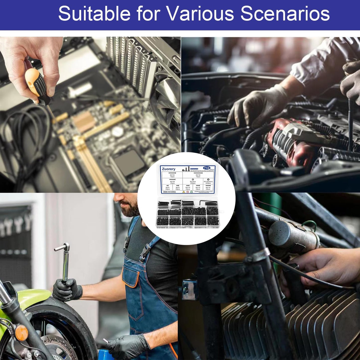 710PCS M3 Screw Assortment Kit, M3x6/8/10/12/16/20/25/30mm M3 Screw Kits, 10.9 Grade Alloy Steel Metric Hex Button Head Cap Screws, Nuts and Flat Washers, Black Zinc Plated Screw Set for 3D Printing