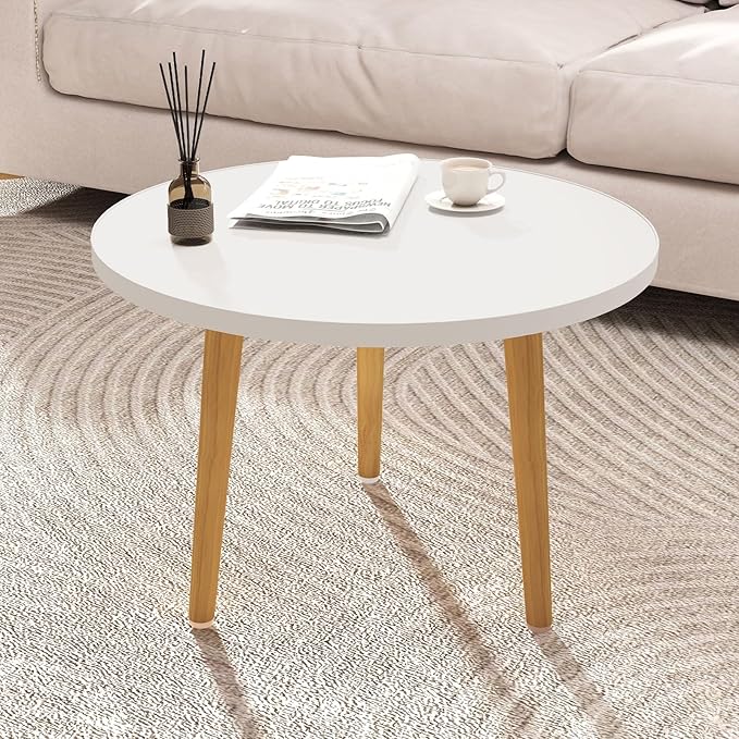 Funecy Round Coffee Table Low Table with 3 Solid Wood Sturdy Legs, Floor Table Desk for Sitting on The Floor, Storage and Living Room Furniture (White)